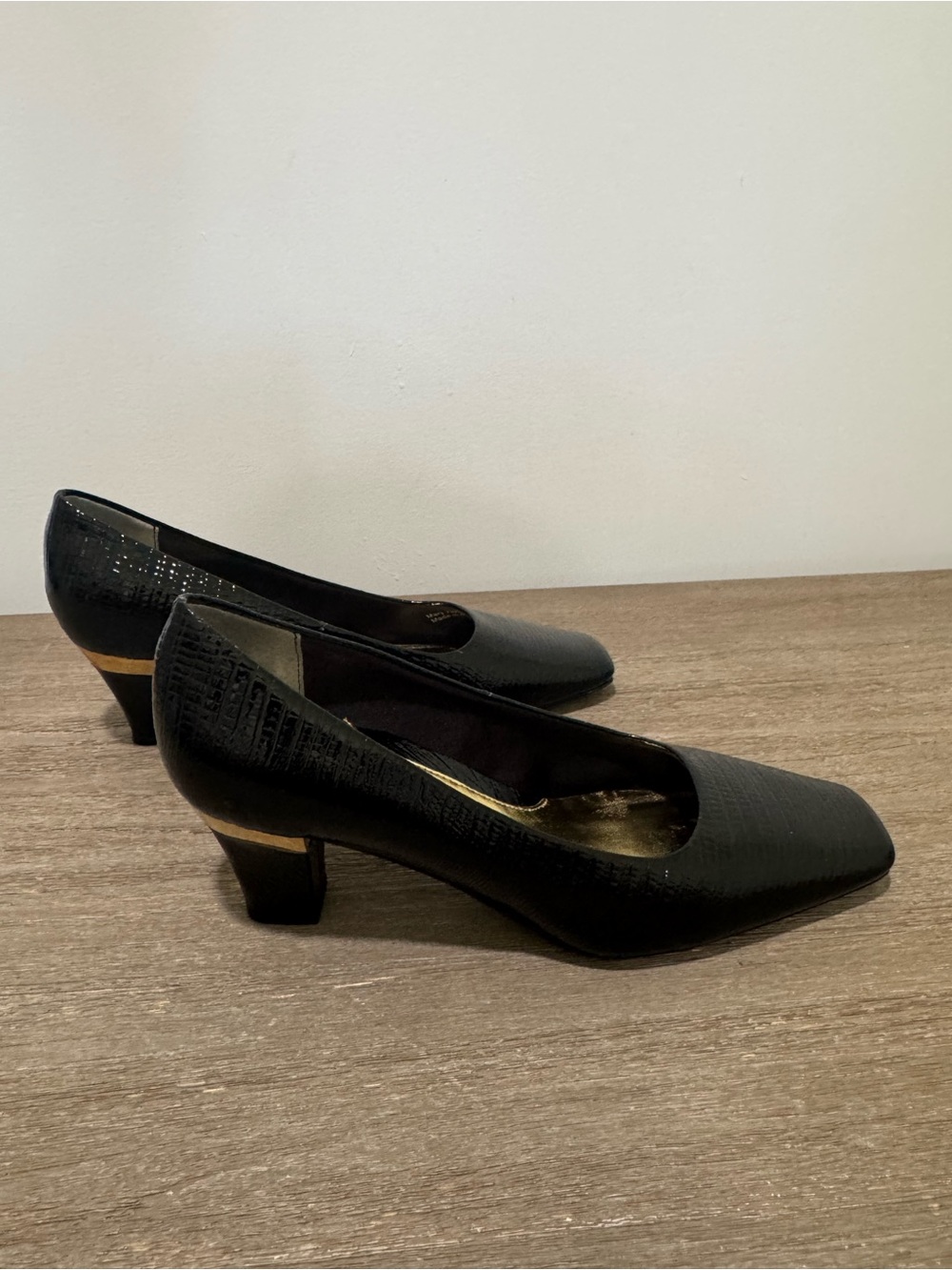 J.Renee Black Low Heel Pumps with Gold Accent | Good Used Condition